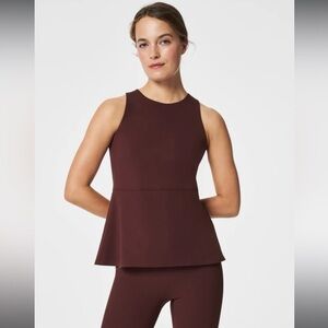 Spanx Active Tank Top Brown Large Peplum Sleeveless Stretch Cut Away